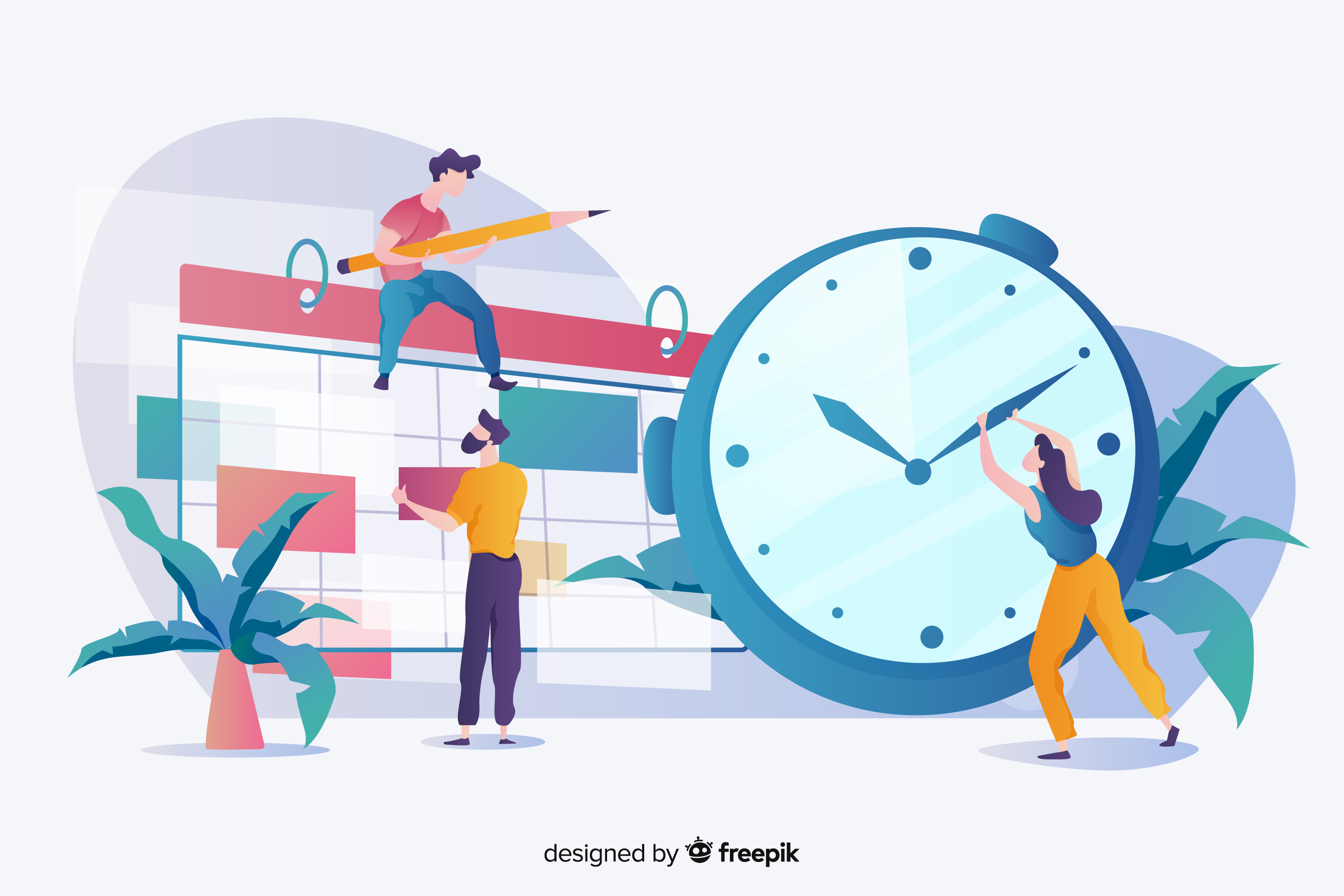 A vector showing three people trying to stop time to become more effective in marketing for small businesses