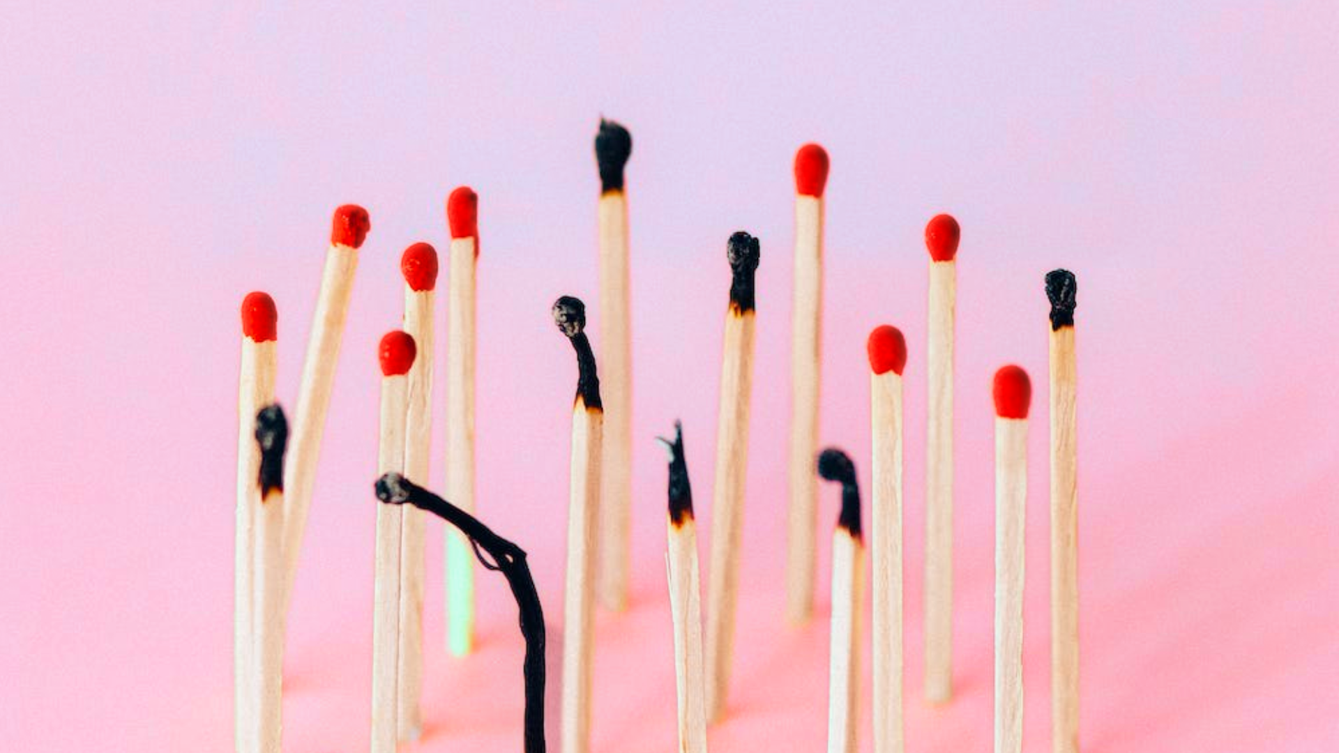Business owner burnout: a pink and purple background with 17 matches standing up, one of them is burnout out and is completely black, some are only black at the tip, and others haven't been lit yet.