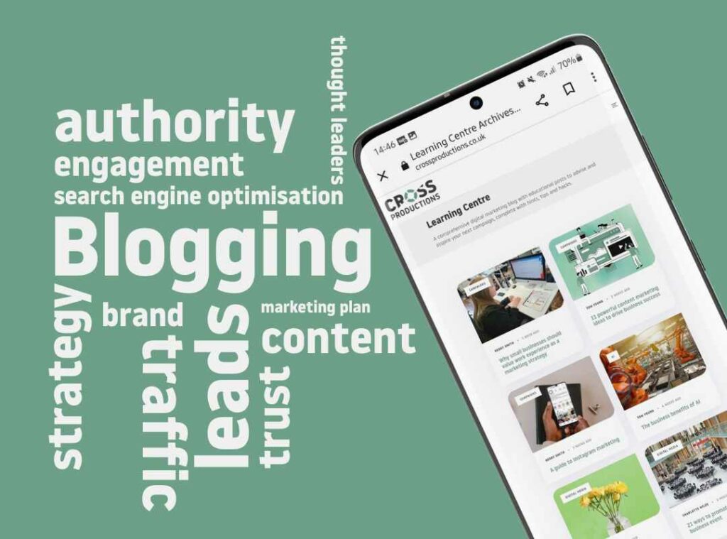 A blogging word cloud listing: content, trust, leads, traffic, brand, strategy, authority, engagement, search engine optimisation, thought leaders, marketing plan