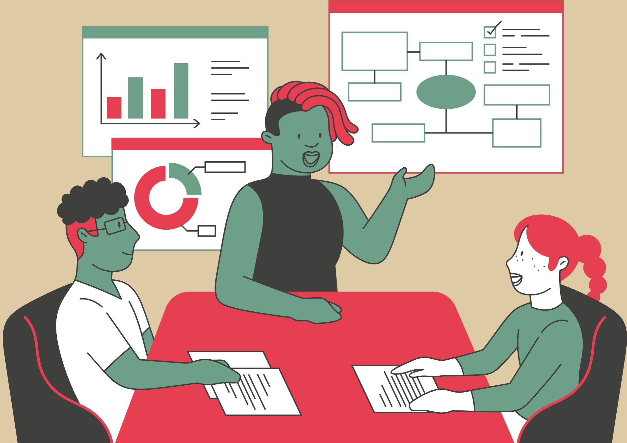 graphic animation of three people around a table discussing a business plan