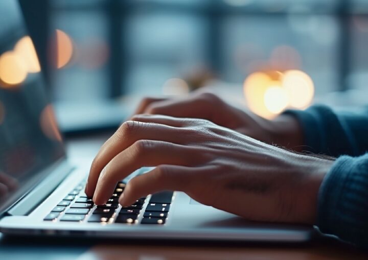 Hands typing on a laptop