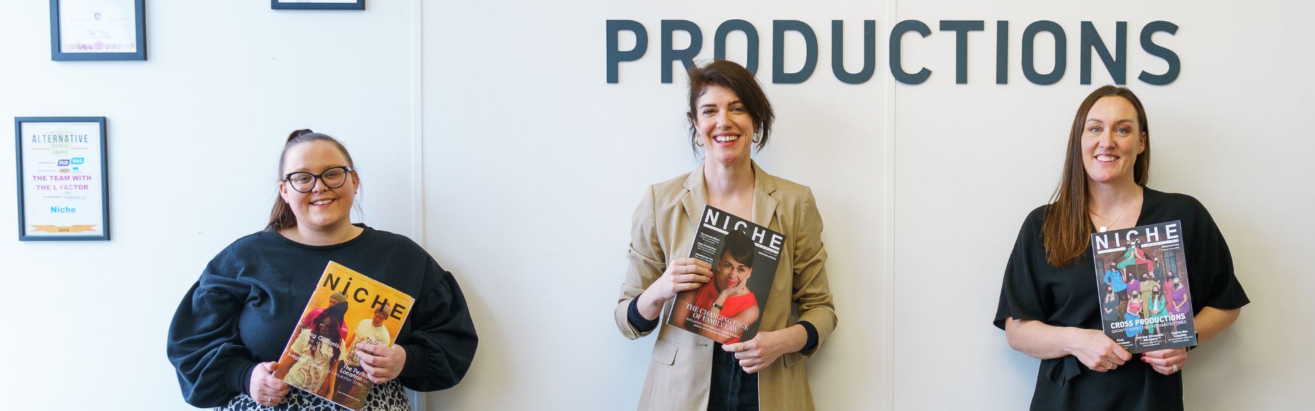 Cross Productions Leicester team: Sally Smith, Emily Miller and Jenny Cross holding magazines