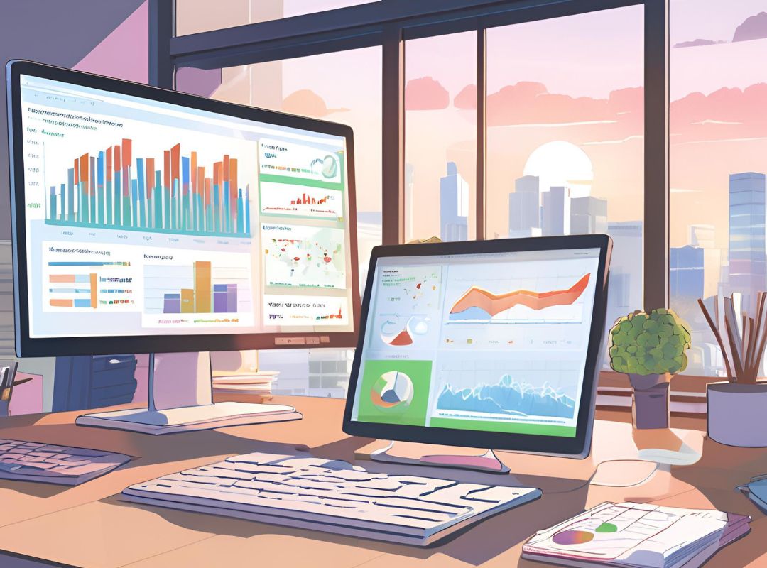 an anime style drawing of computer screens displaying charts resembling responsive web design analytics and statistics