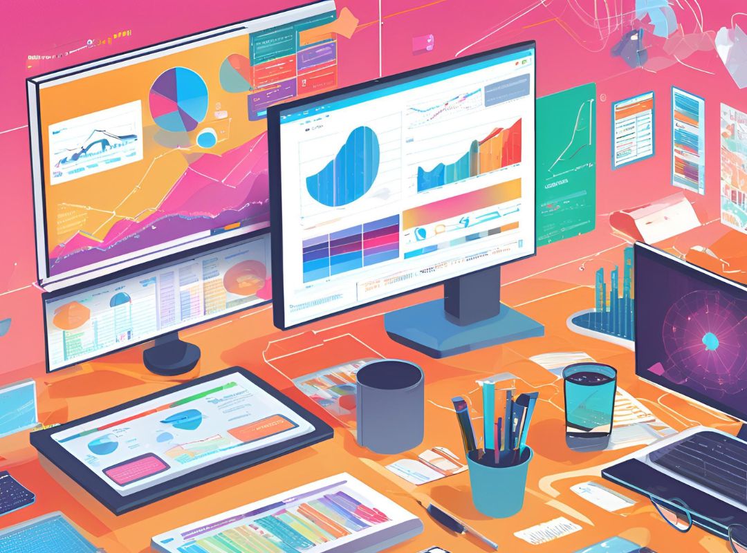 an anime style drawing of computers with charts on the resembling SEO stats and analytics